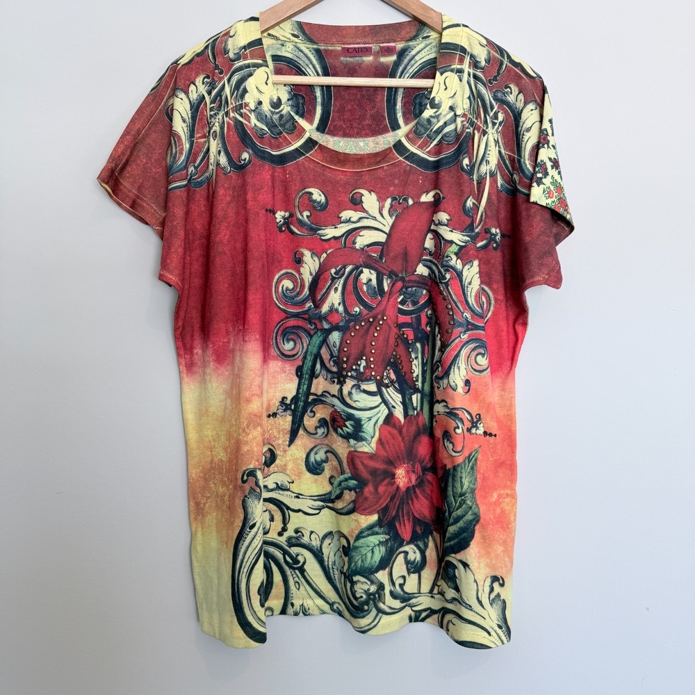 Cato Art to Wear Floral Baroque Graphic Top Womens XL Painterly Statement Tee